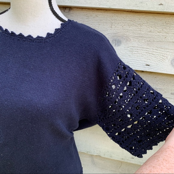 Vintage 90s Navy Blue Solid Print Crochet Trim Short Sleeve Knit Sweater Blouse - Picture 8 of 16